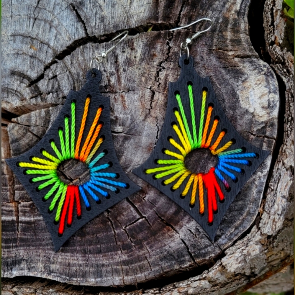 Multicolor Geometric Long Wood Earrings